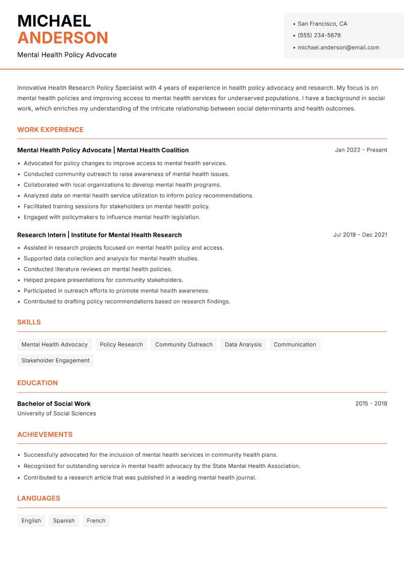 Health Research Policy Specialist resume sample — Mental Health Policy Advocate focus