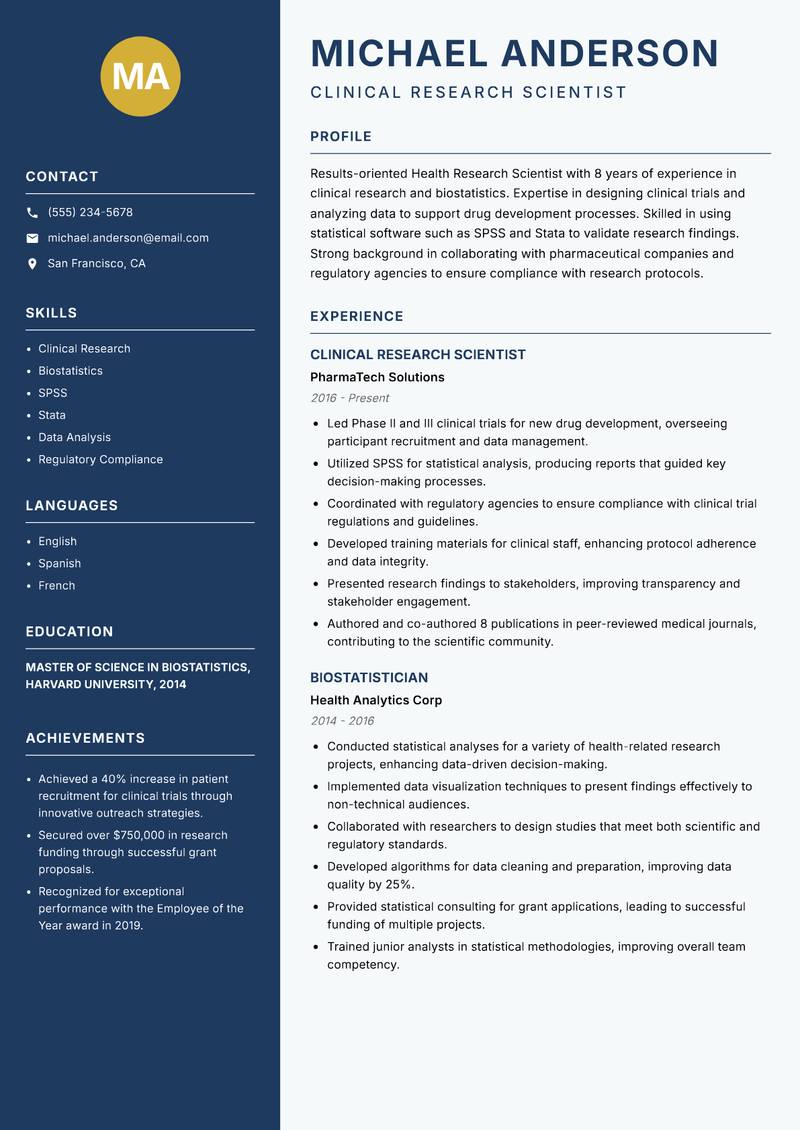 Health Research Scientist resume sample — Clinical Research Scientist focus