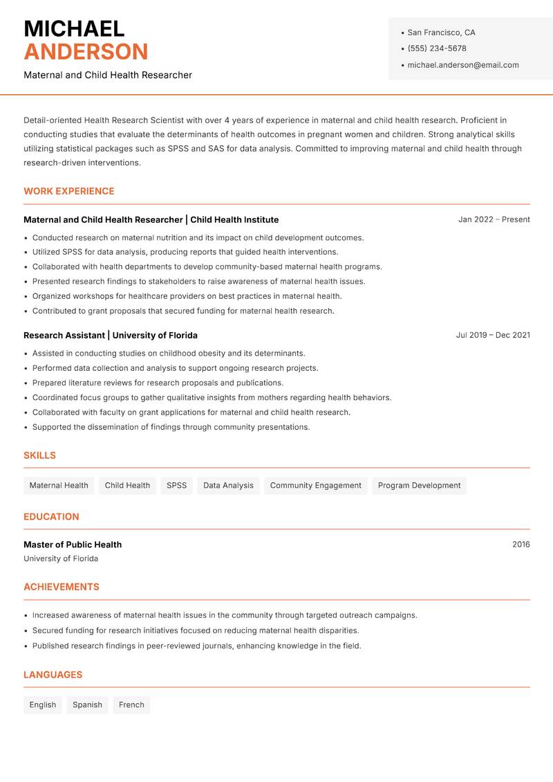 Health Research Scientist resume sample — Maternal and Child Health Researcher focus