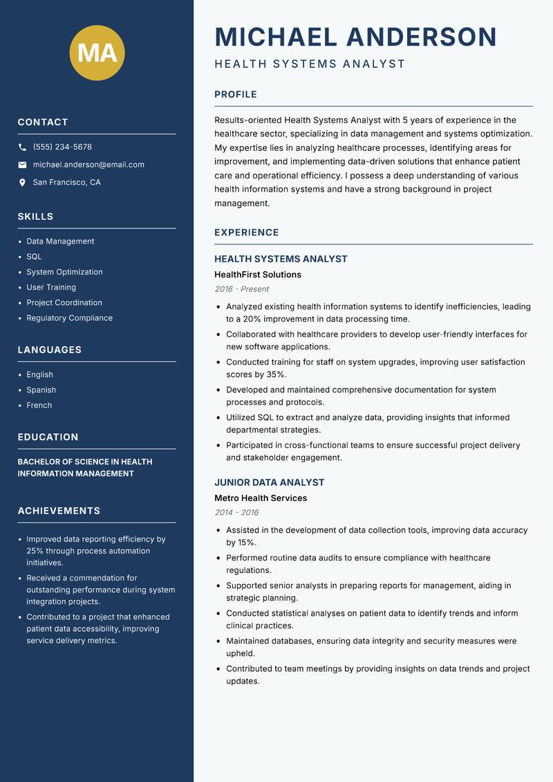 Health Systems Analyst resume sample — Health Systems Analyst focus