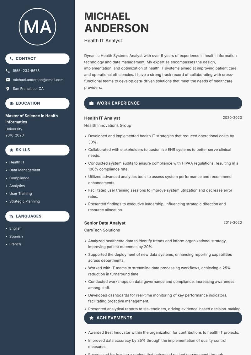 Health Systems Analyst resume sample — Health IT Analyst focus