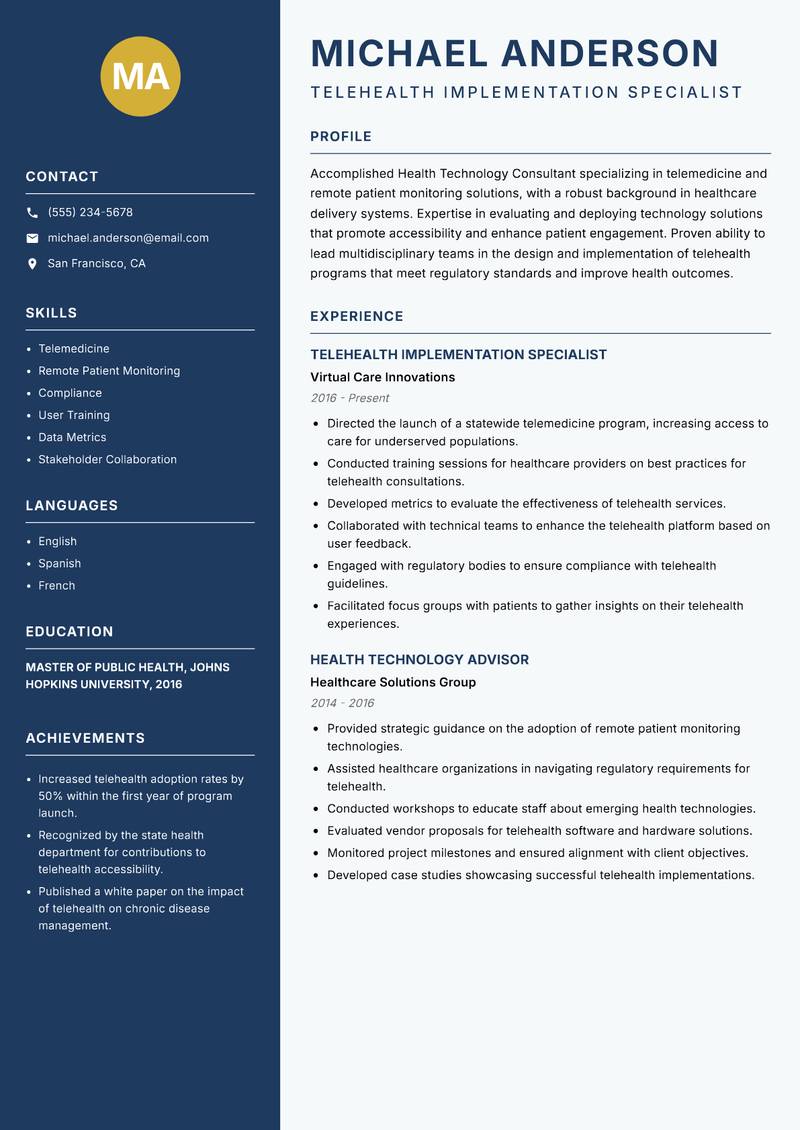 Health Technology Consultant resume sample — Telehealth Implementation Specialist focus