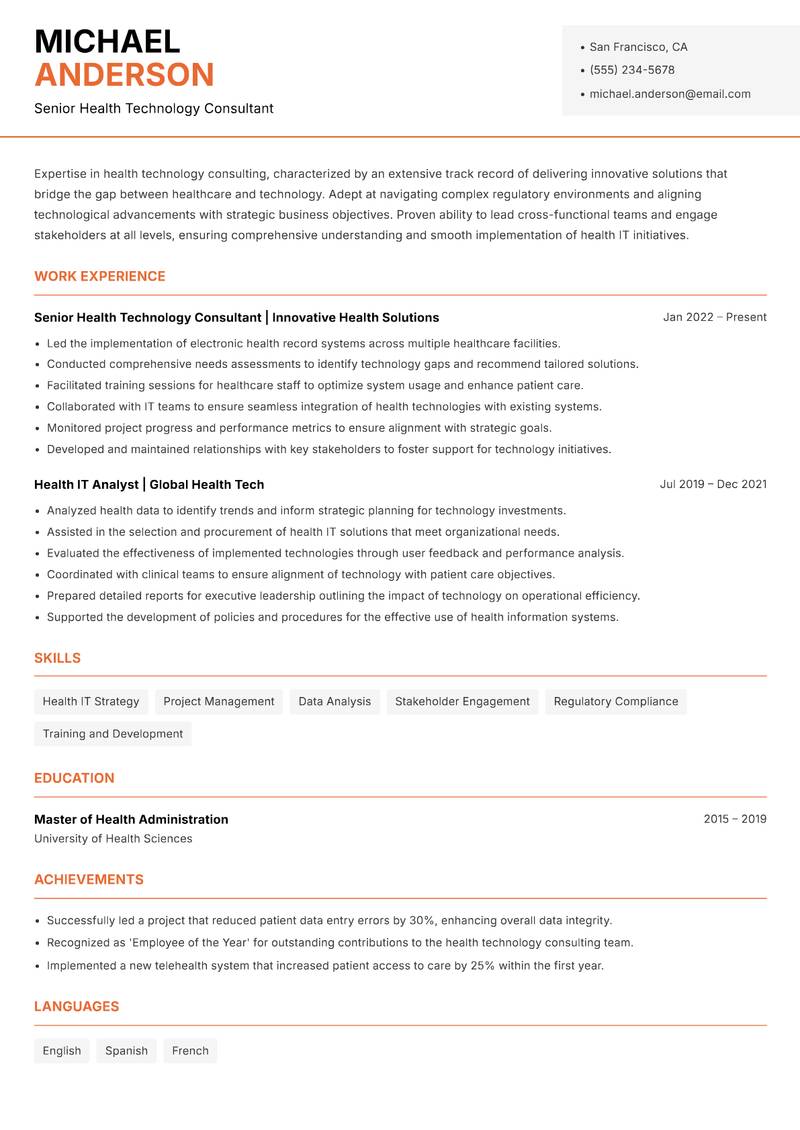 Health Technology Consultant resume sample — Senior Health Technology Consultant focus