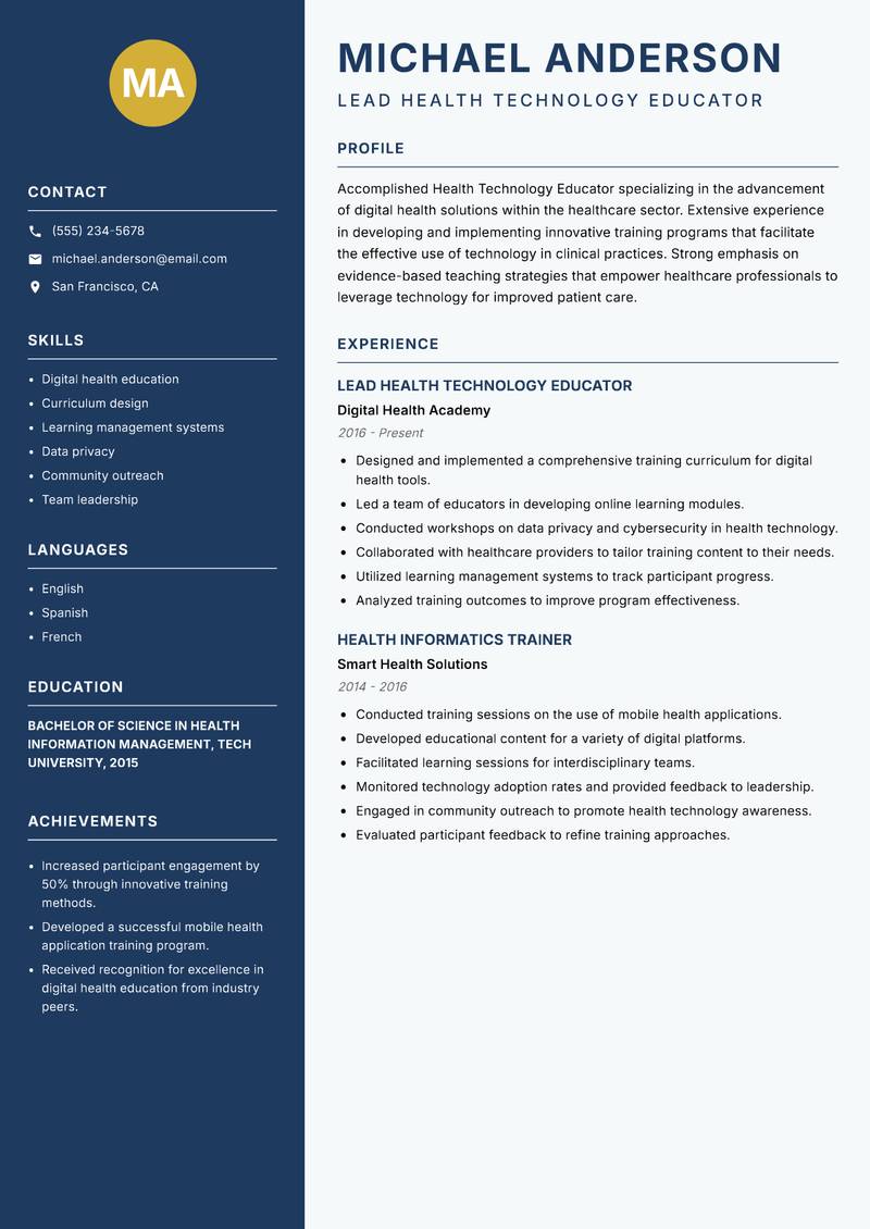 Health Technology Educator resume sample — Lead Health Technology Educator focus