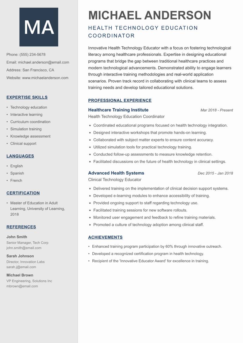 Health Technology Educator resume sample — Health Technology Education Coordinator focus