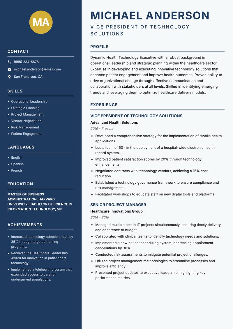 Health Technology Executive resume sample — Vice President of Technology Solutions focus