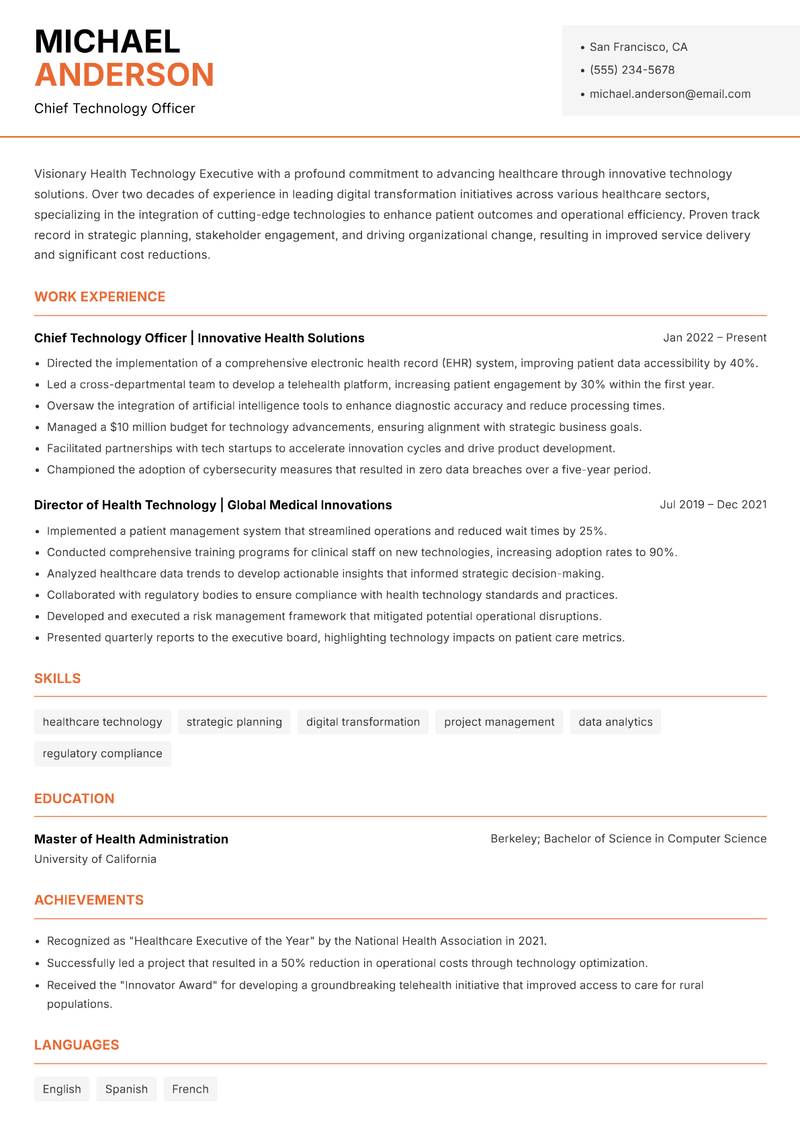 Health Technology Executive resume sample — Chief Technology Officer focus