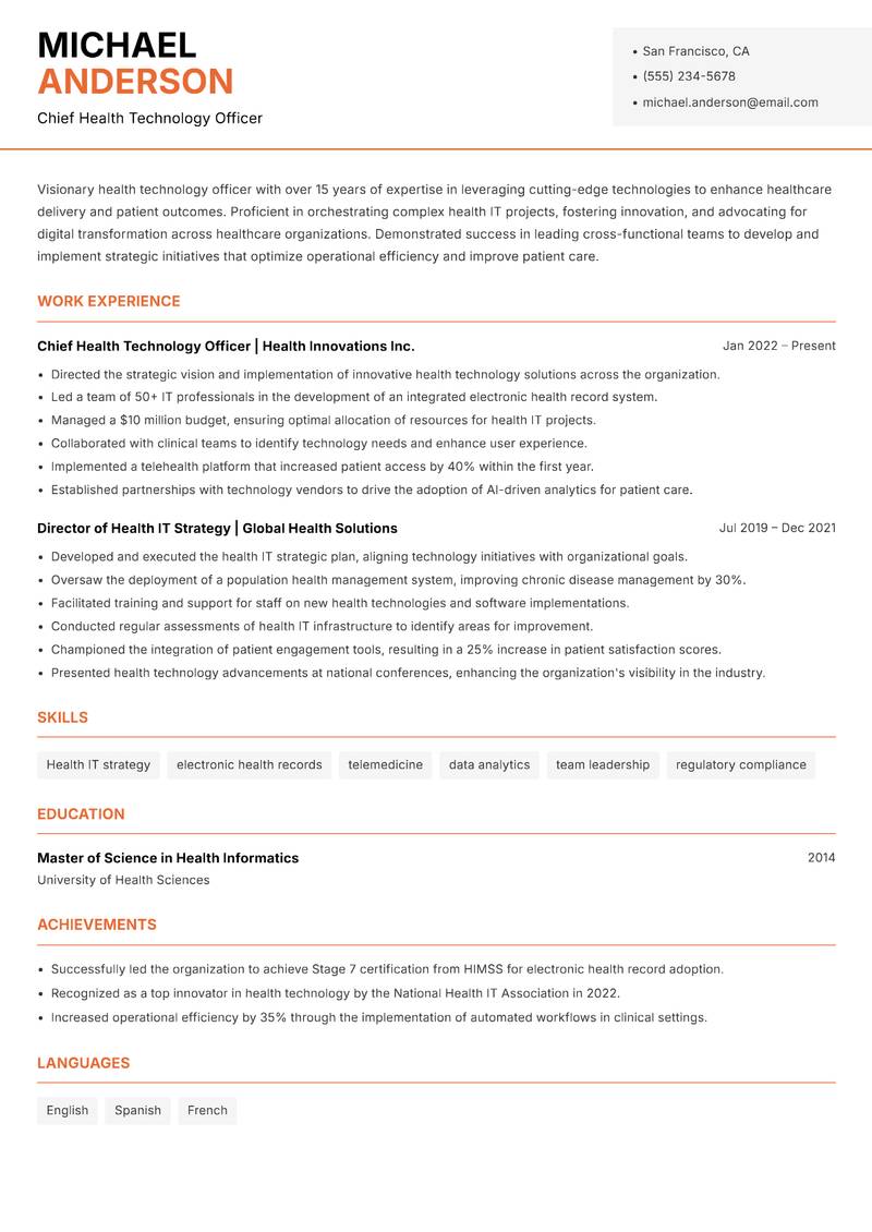 Health Technology Officer resume sample — Chief Health Technology Officer focus