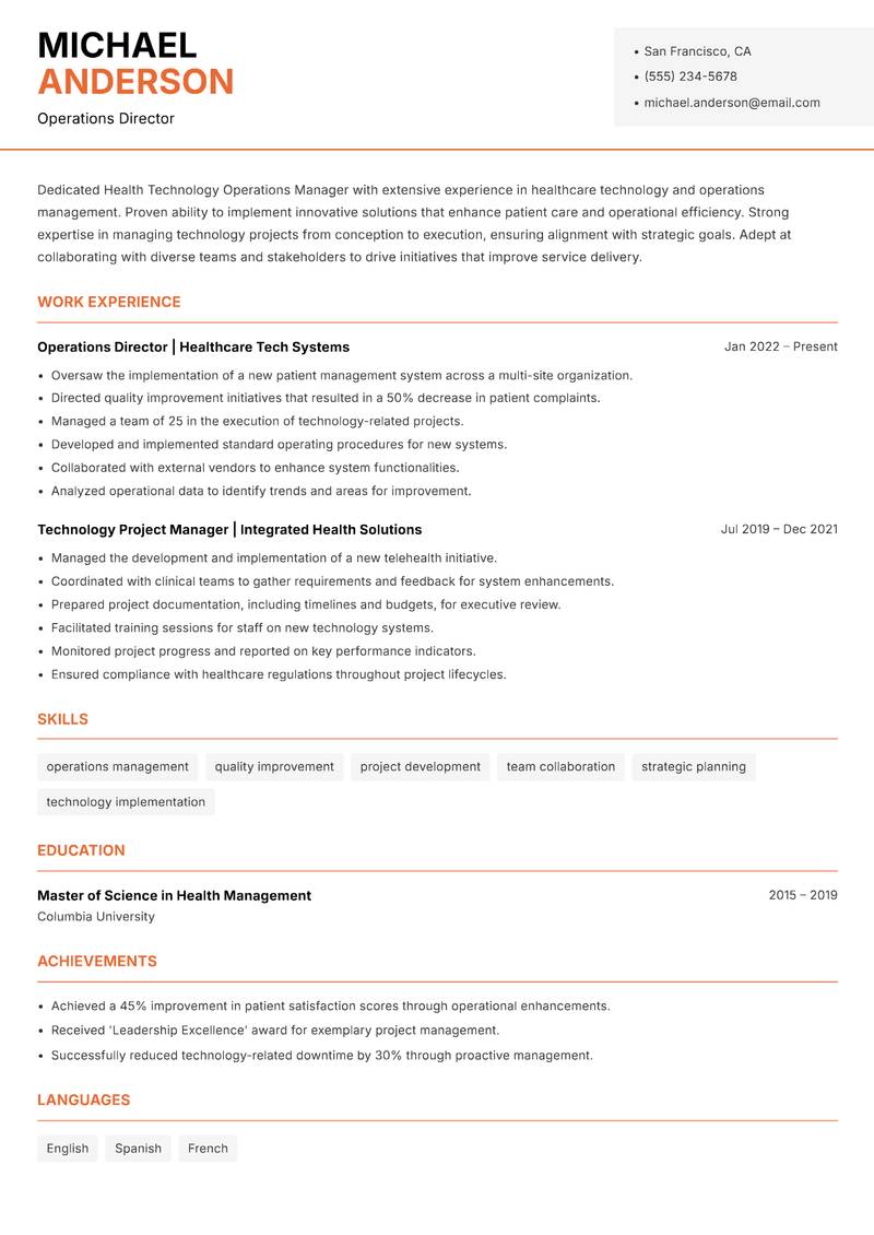 Health Technology Operations Manager resume sample — Operations Director focus