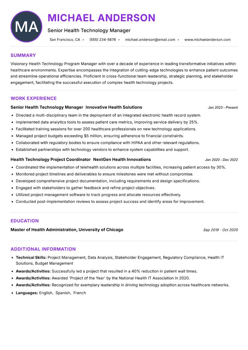 Health Technology Program Manager resume example