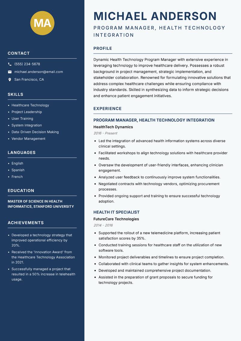Health Technology Program Manager resume sample — Program Manager, Health Technology Integration focus