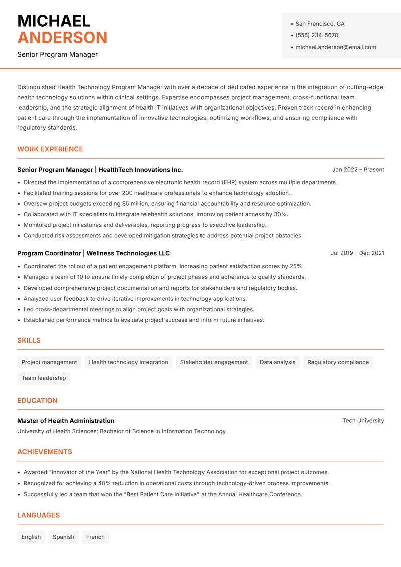 Health Technology Program Manager resume sample — Senior Program Manager focus