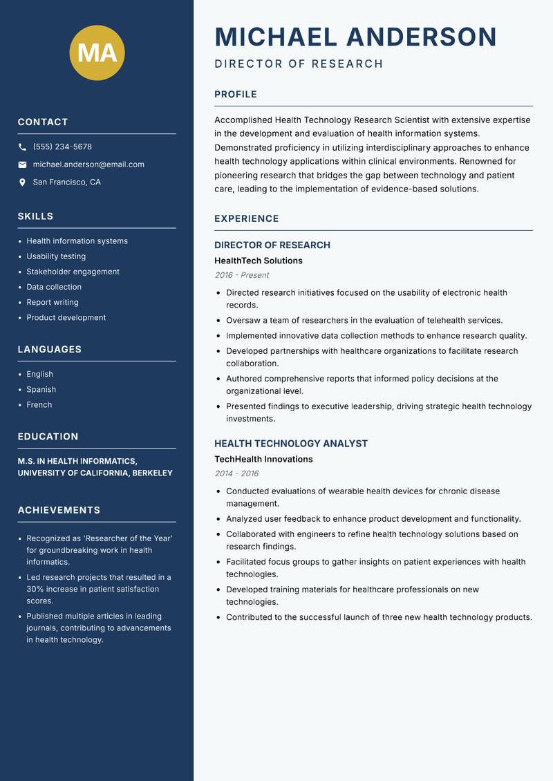 Health Technology Research Scientist resume sample — Director of Research focus