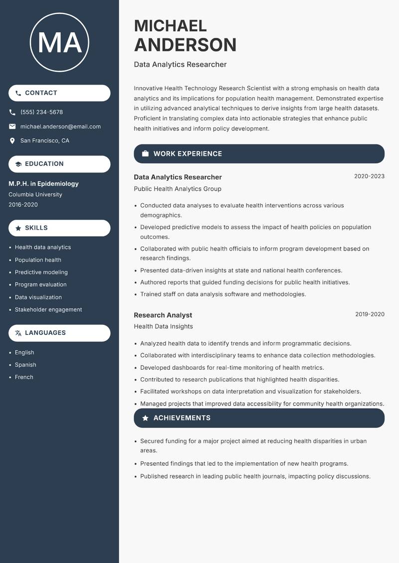 Health Technology Research Scientist resume sample — Data Analytics Researcher focus