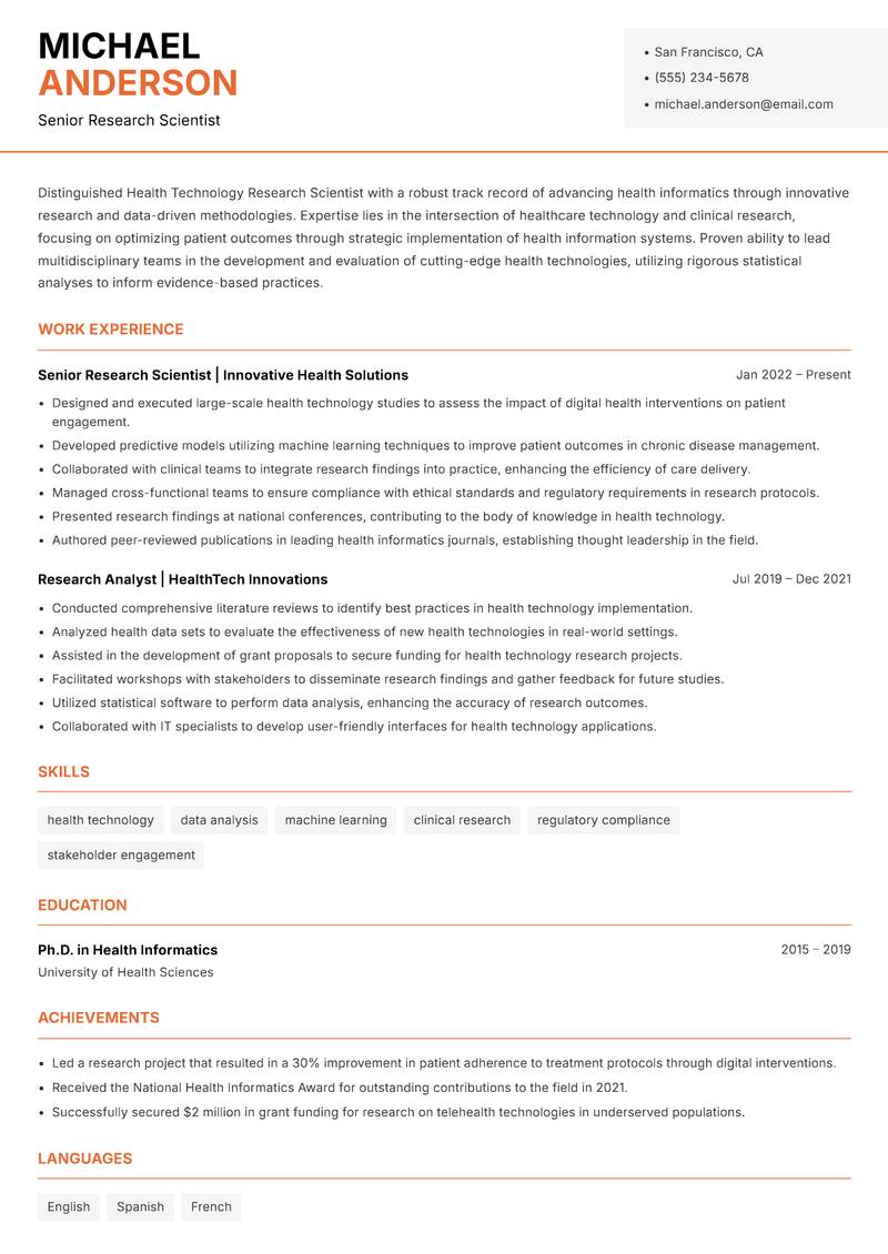Health Technology Research Scientist resume sample — Senior Research Scientist focus
