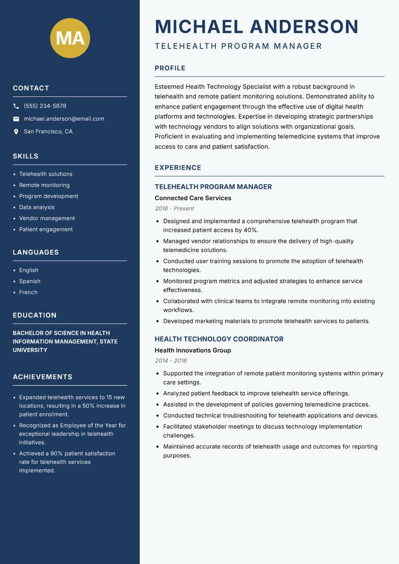 Health Technology Specialist resume sample — Telehealth Program Manager focus