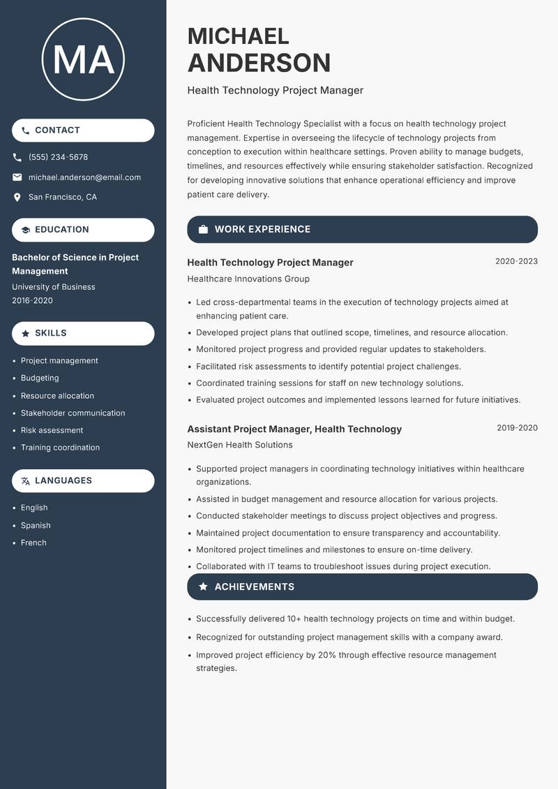 Health Technology Specialist resume sample — Health Technology Project Manager focus