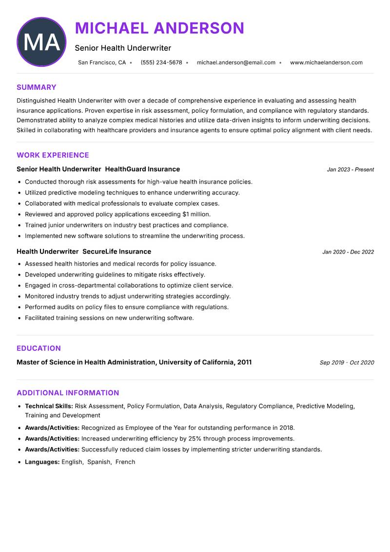Health Underwriter resume example