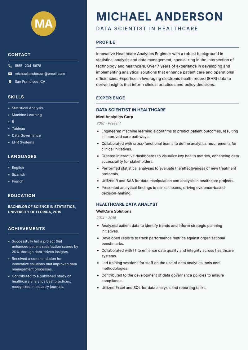 Healthcare Analytics Engineer resume sample — Data Scientist in Healthcare focus