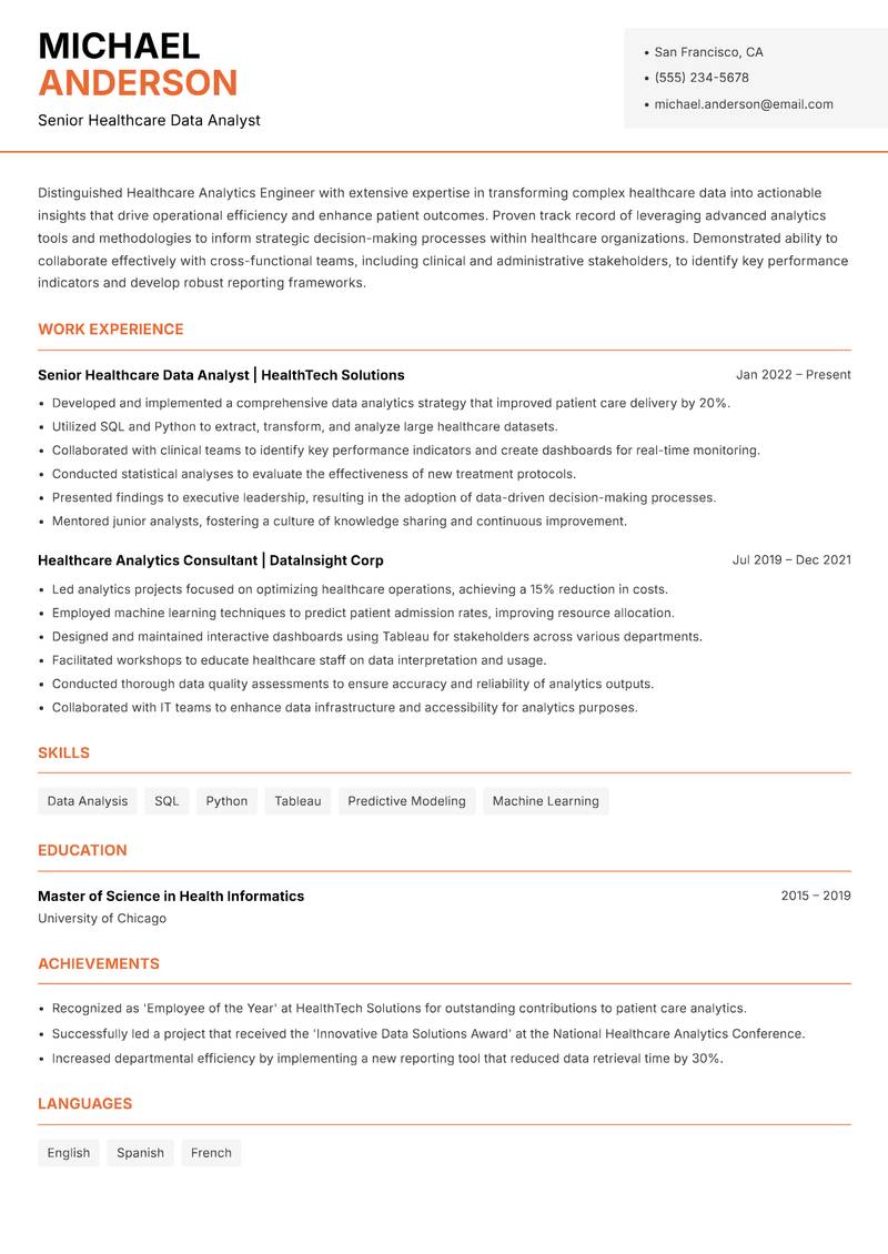 Healthcare Analytics Engineer resume sample — Senior Healthcare Data Analyst focus