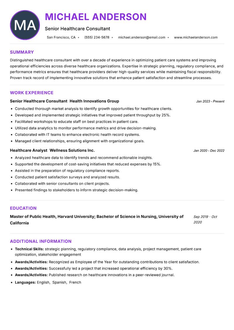 Healthcare Consultant resume example