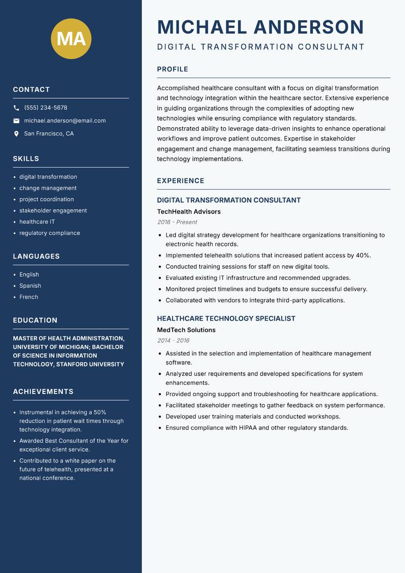 Healthcare Consultant resume sample — Digital Transformation Consultant focus