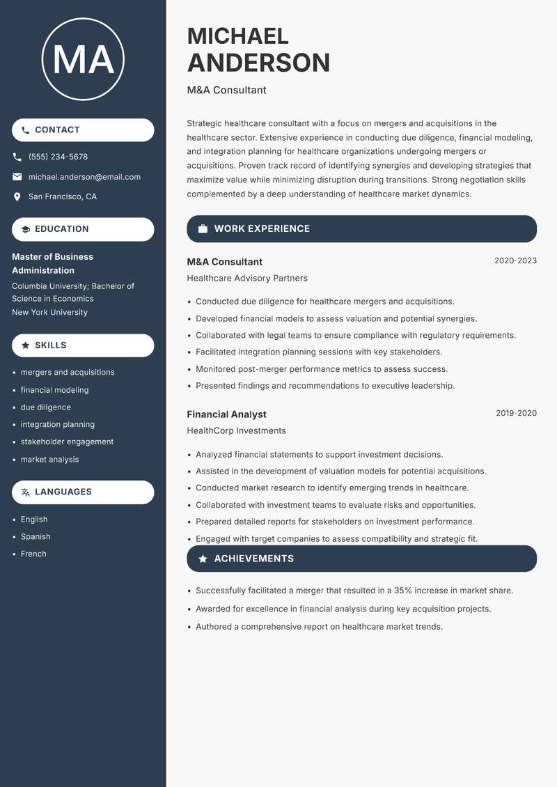 Healthcare Consultant resume sample — M&A Consultant focus