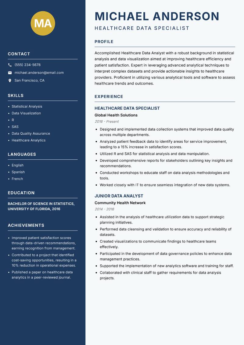 Healthcare Data Analyst resume sample — Healthcare Data Specialist focus