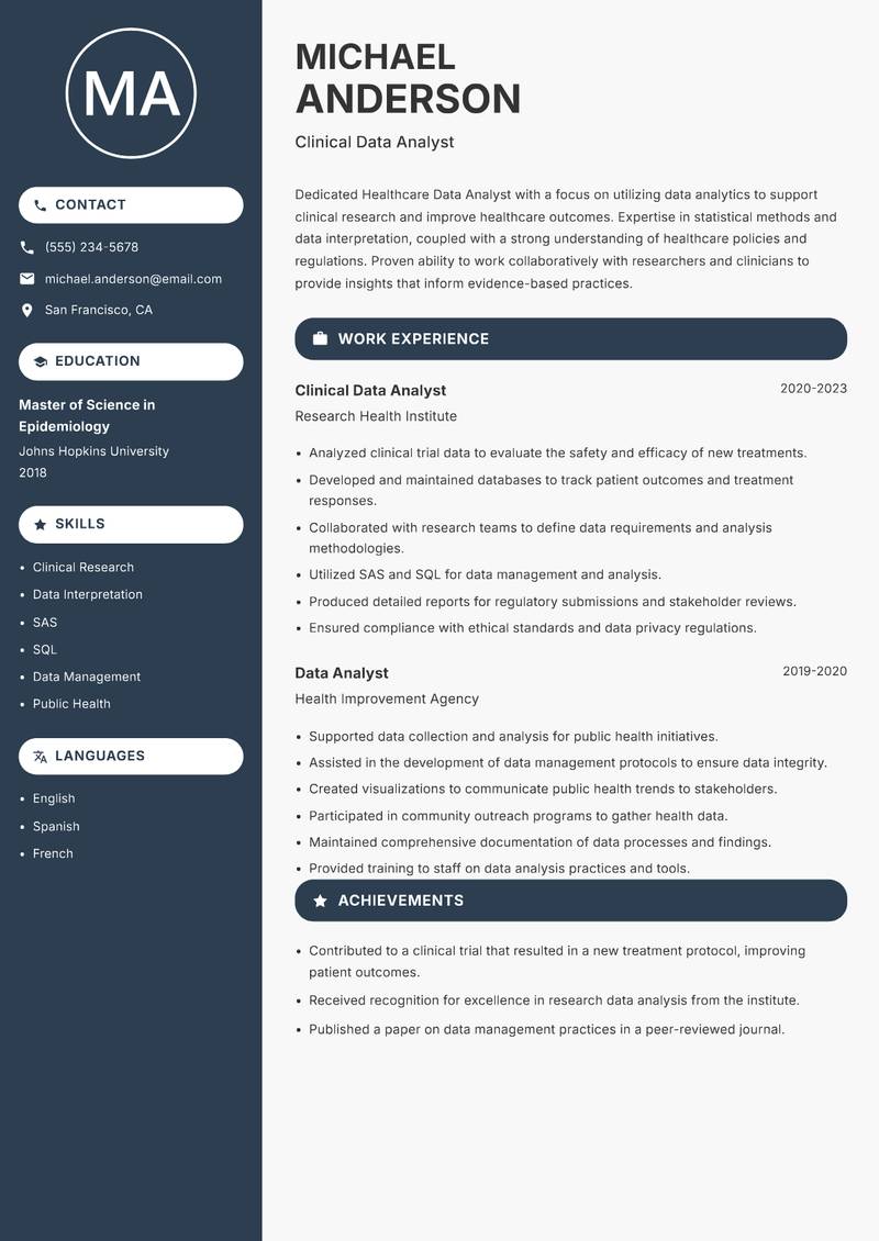 Healthcare Data Analyst resume sample — Clinical Data Analyst focus