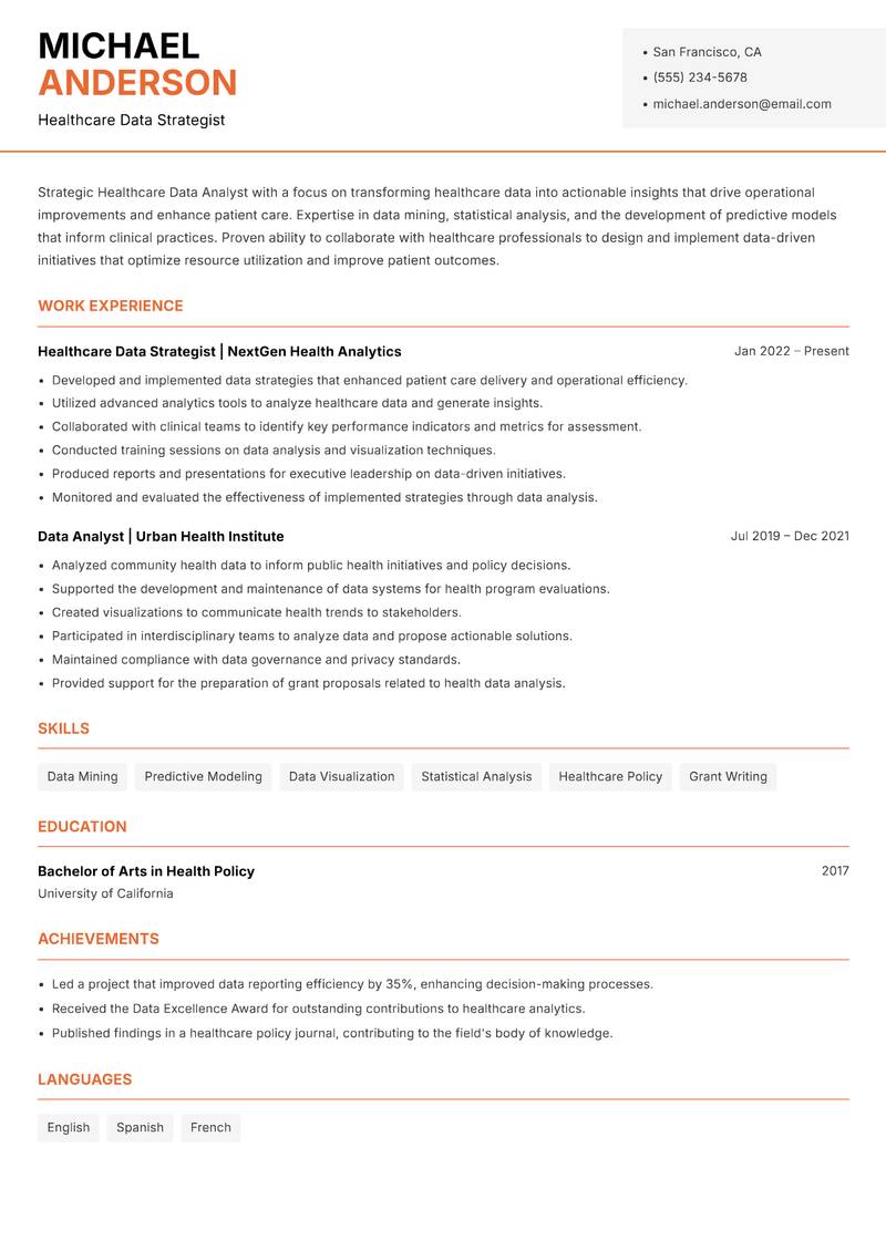 Healthcare Data Analyst resume sample — Healthcare Data Strategist focus