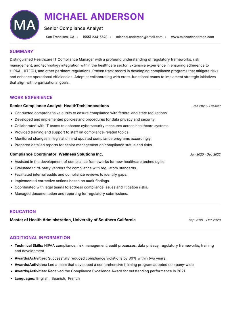 Healthcare IT Compliance Manager resume example