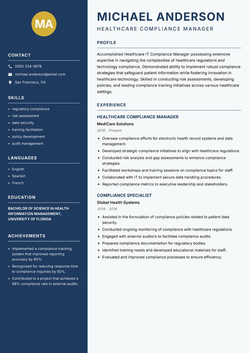Healthcare IT Compliance Manager resume sample — Healthcare Compliance Manager focus