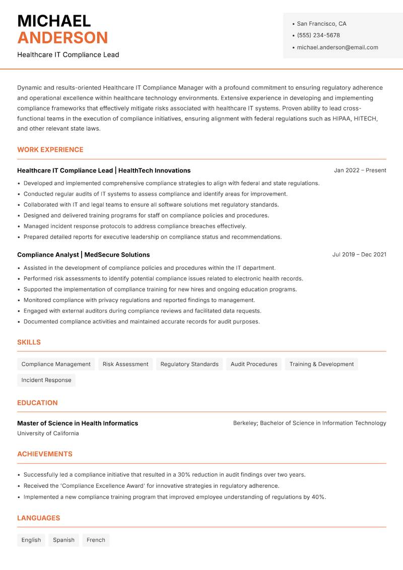 Healthcare IT Compliance Manager resume sample — Healthcare IT Compliance Lead focus