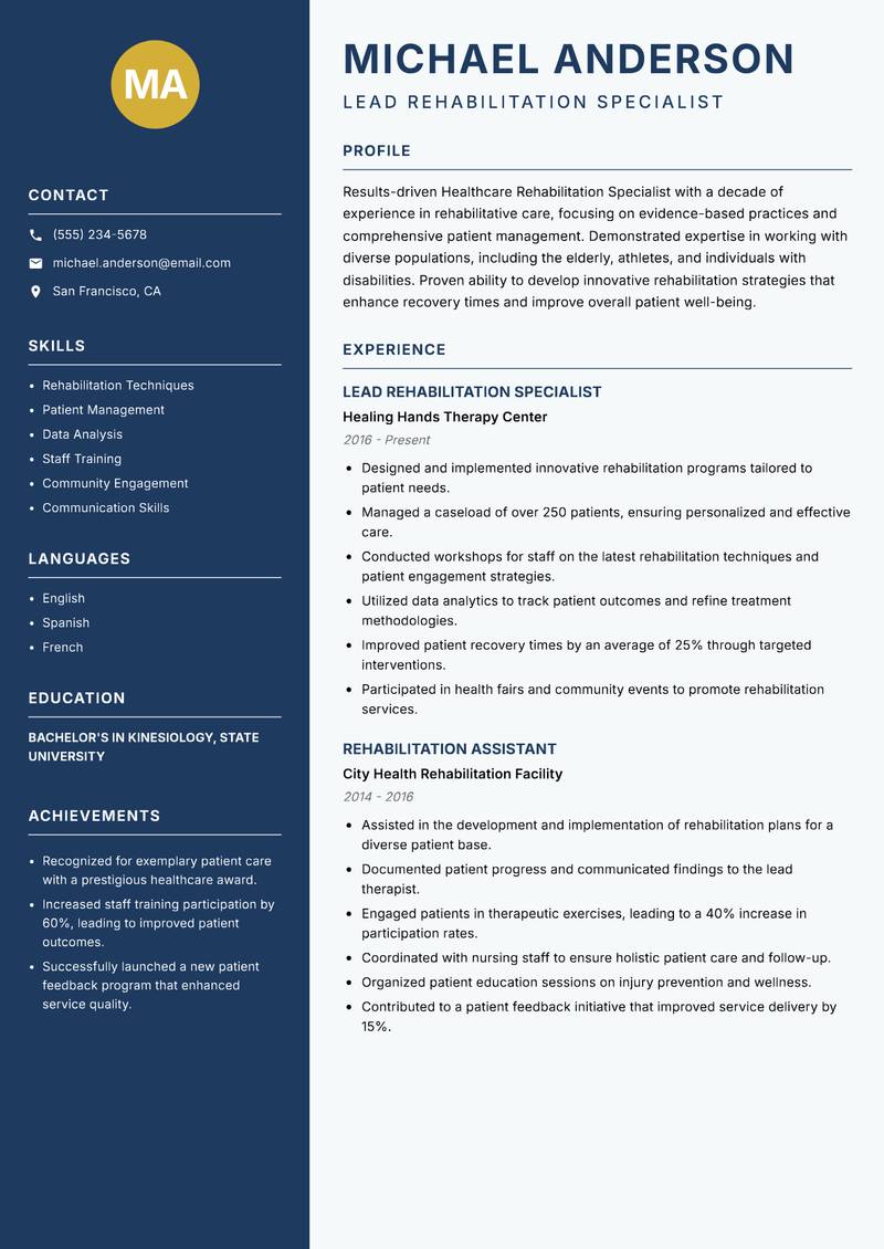 Healthcare Rehabilitation Specialist resume sample — Lead Rehabilitation Specialist focus