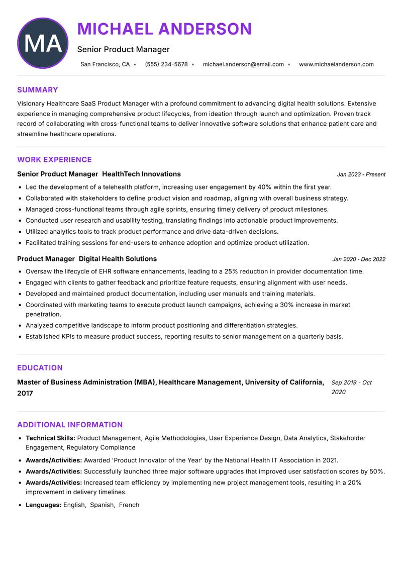 Healthcare SaaS Product Manager resume example