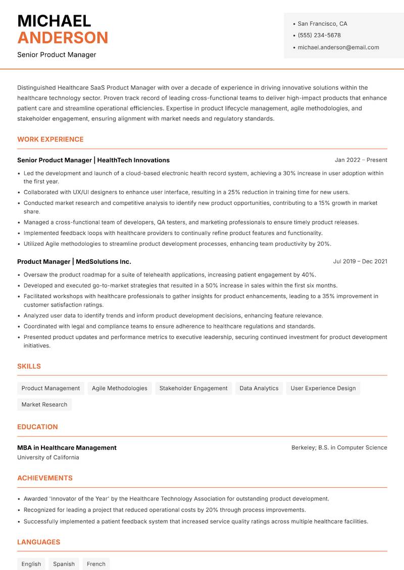 Healthcare SaaS Product Manager resume sample — Senior Product Manager focus