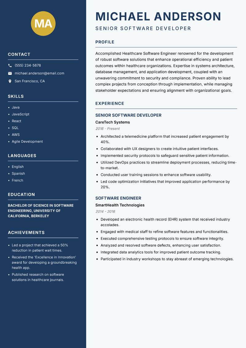 Healthcare Software Engineer resume sample — Senior Software Developer focus