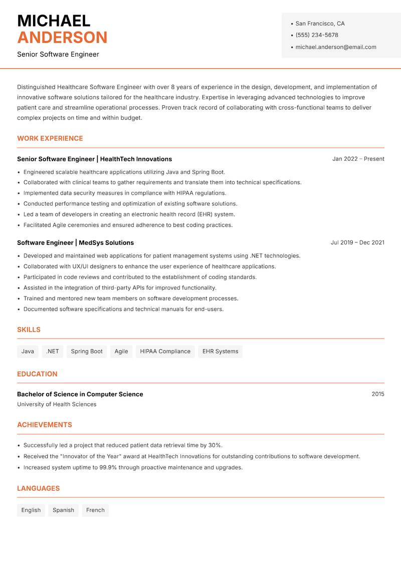 Healthcare Software Engineer resume sample — Senior Software Engineer focus