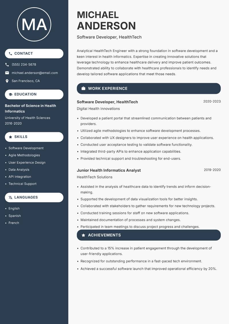 HealthTech Engineer resume sample — Software Developer, HealthTech focus