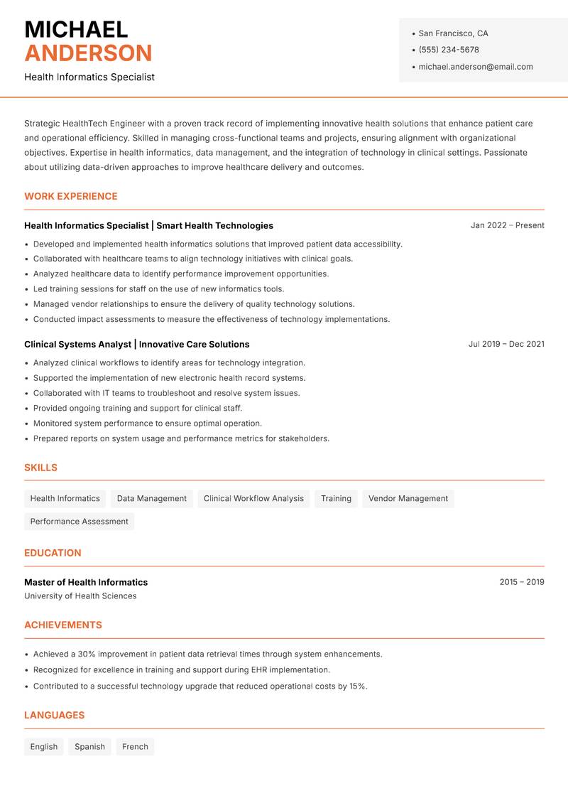 HealthTech Engineer resume sample — Health Informatics Specialist focus