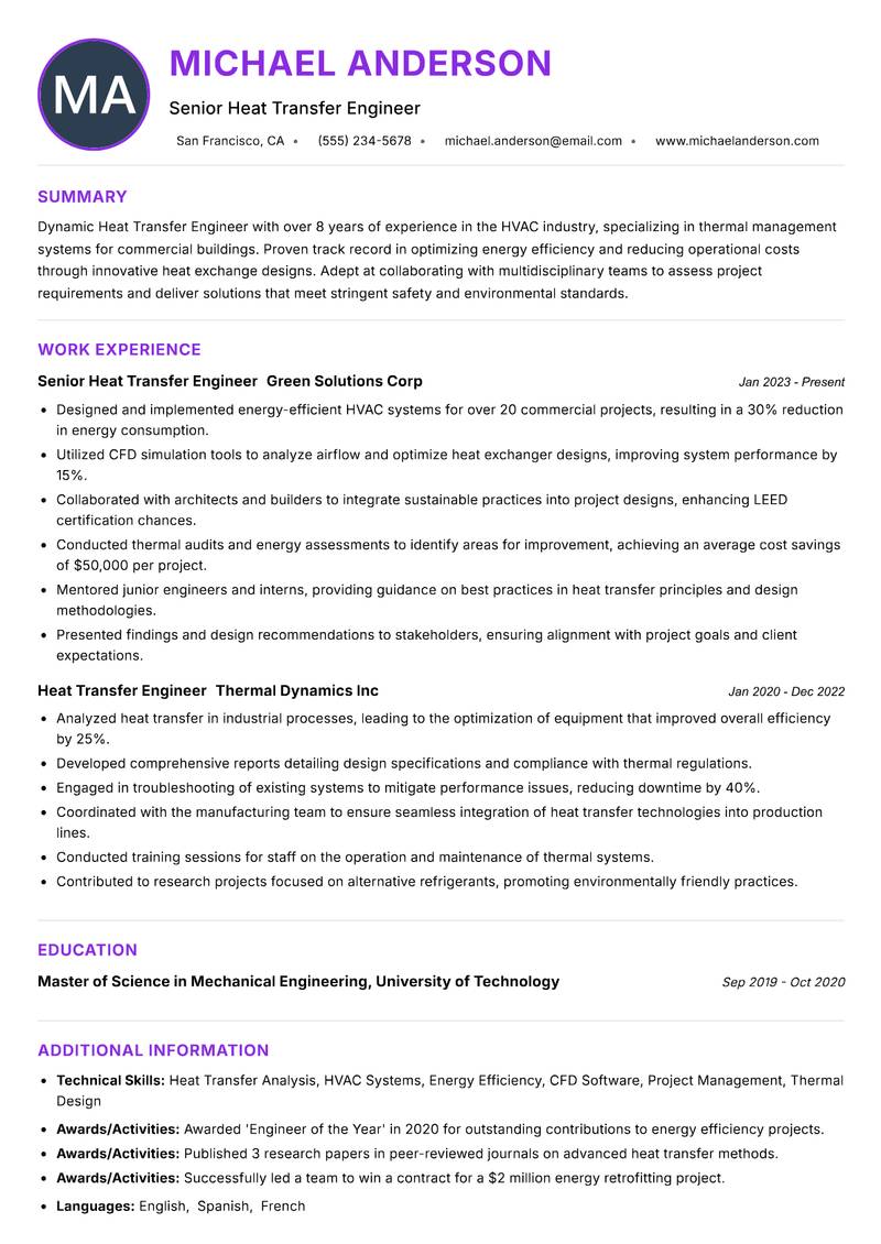 Heat Transfer Engineer resume example
