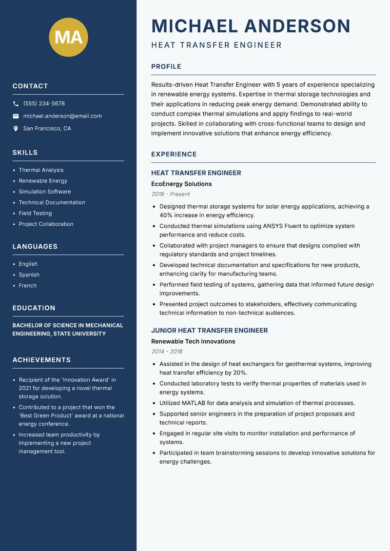 Heat Transfer Engineer resume sample — Heat Transfer Engineer focus