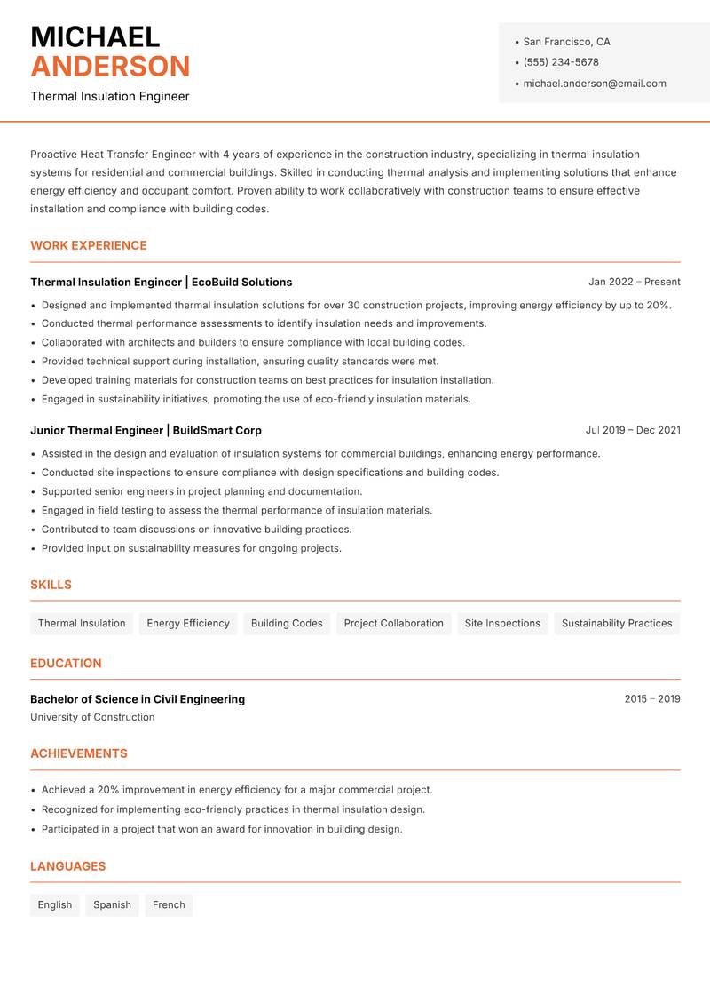 Heat Transfer Engineer resume sample — Thermal Insulation Engineer focus