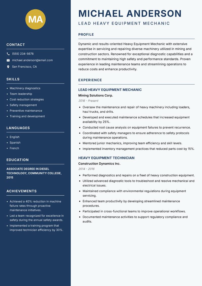 Heavy Equipment Mechanic resume sample — Lead Heavy Equipment Mechanic focus