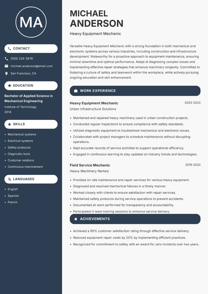 Heavy Equipment Mechanic resume sample — Heavy Equipment Mechanic focus