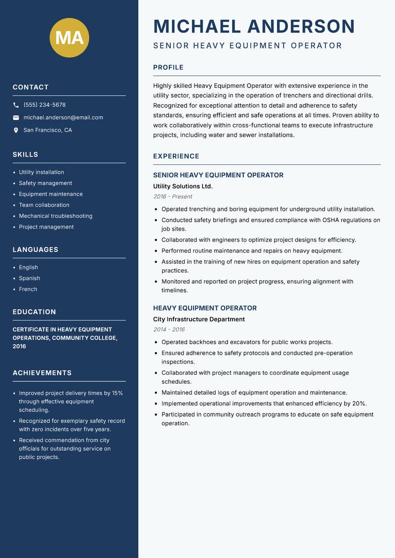 Heavy Equipment Operator resume sample — Senior Heavy Equipment Operator focus