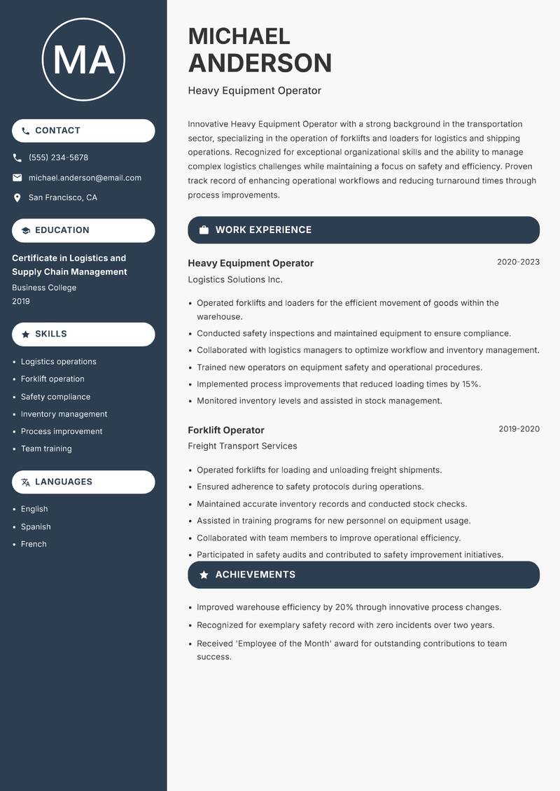Heavy Equipment Operator resume sample — Heavy Equipment Operator focus