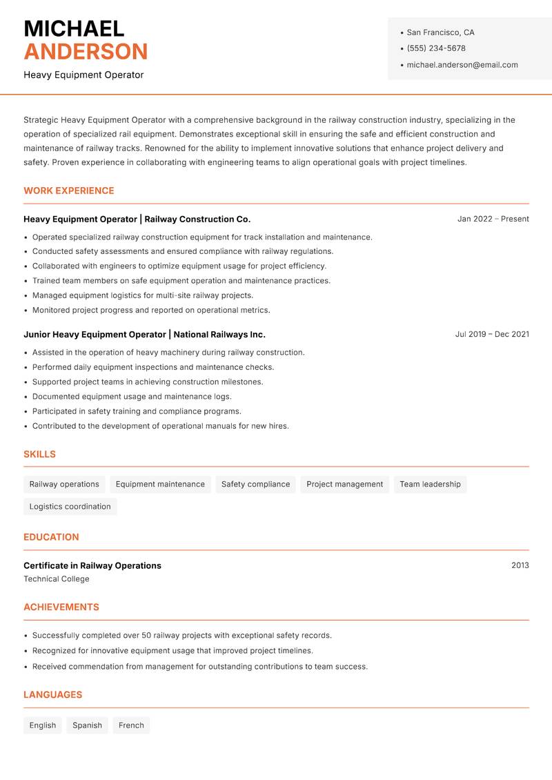 Heavy Equipment Operator resume sample — Heavy Equipment Operator focus
