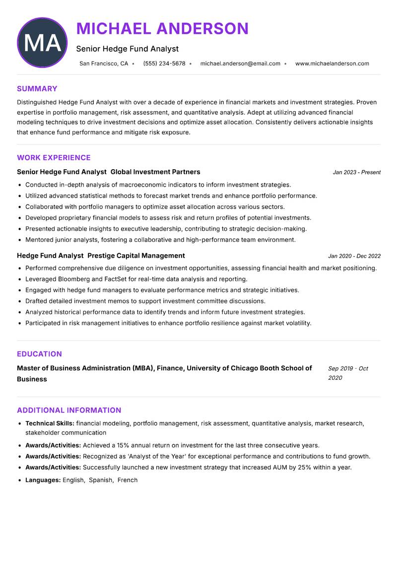 Hedge Fund Analyst resume example