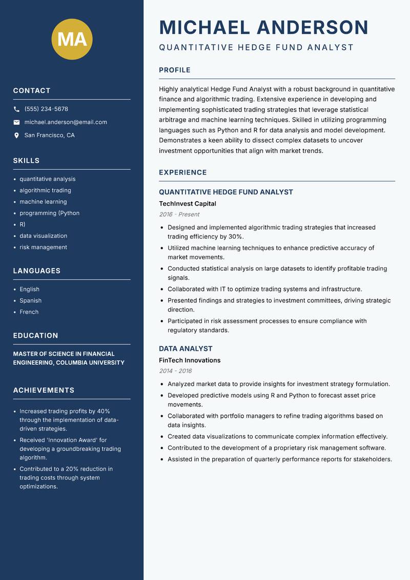 Hedge Fund Analyst resume sample — Quantitative Hedge Fund Analyst focus